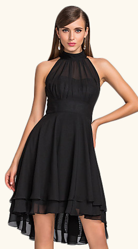 MACloth Halter High Low Chiffon Cocktail Dress Black Wedding Party Formal Gown