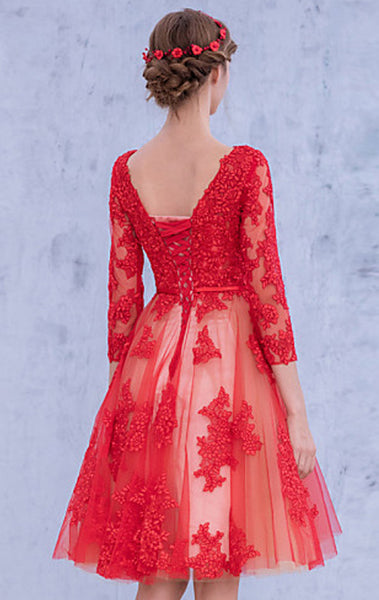 MACloth 3/4 Sleeves Lace Cocktail Dress Midi Red Wedding Party Formal Gown