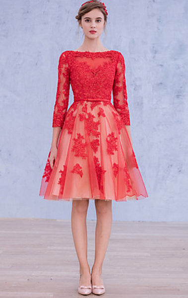 MACloth 3/4 Sleeves Lace Cocktail Dress Midi Red Wedding Party Formal Gown