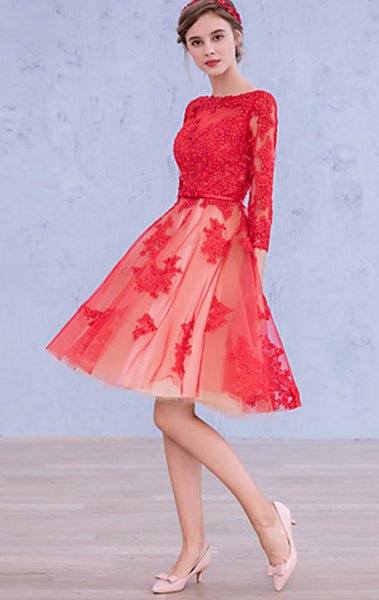MACloth 3/4 Sleeves Lace Cocktail Dress Midi Red Wedding Party Formal Gown
