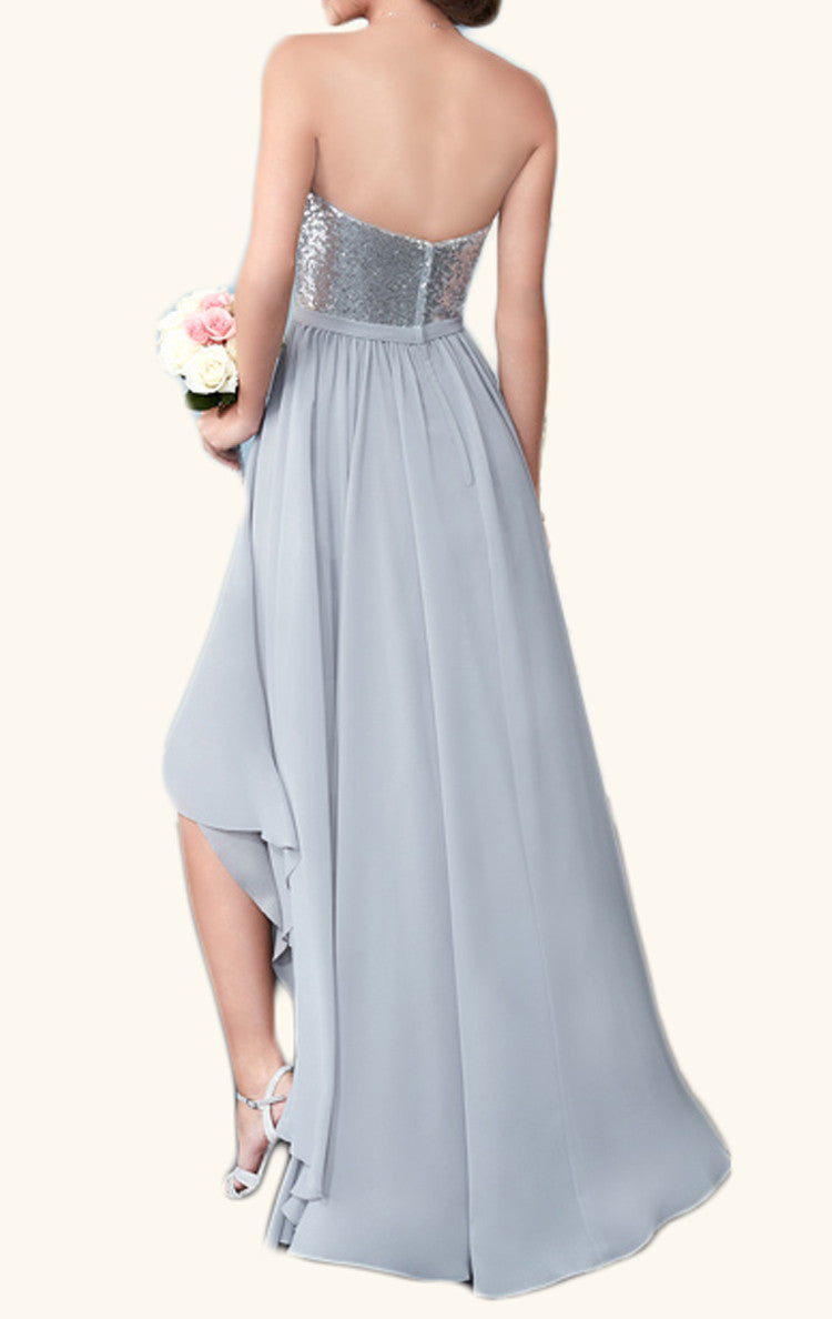 Vestido de cóctel de gasa con lentejuelas, alto bajo y sin tirantes de MACloth, vestido formal para fiesta de bodas en plata