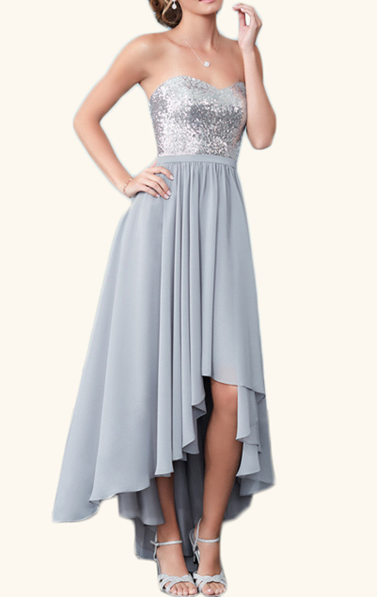 MACloth Strapless High Low Sequin Chiffon Cocktail Dress Silver Wedding Party Formal Gown Custom Color / Floor Length / US10