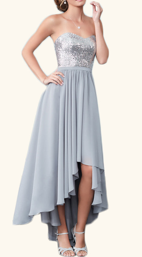 MACloth Strapless High Low Sequin Chiffon Cocktail Dress Silver Wedding Party Formal Gown