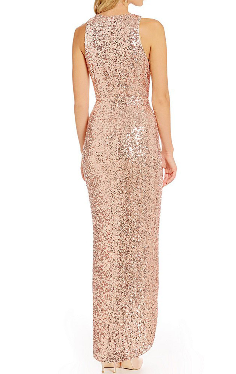 MACloth Straps V Neck Hi Lo Sequin Bridesmaid Dress Rose Gold Formal Gown