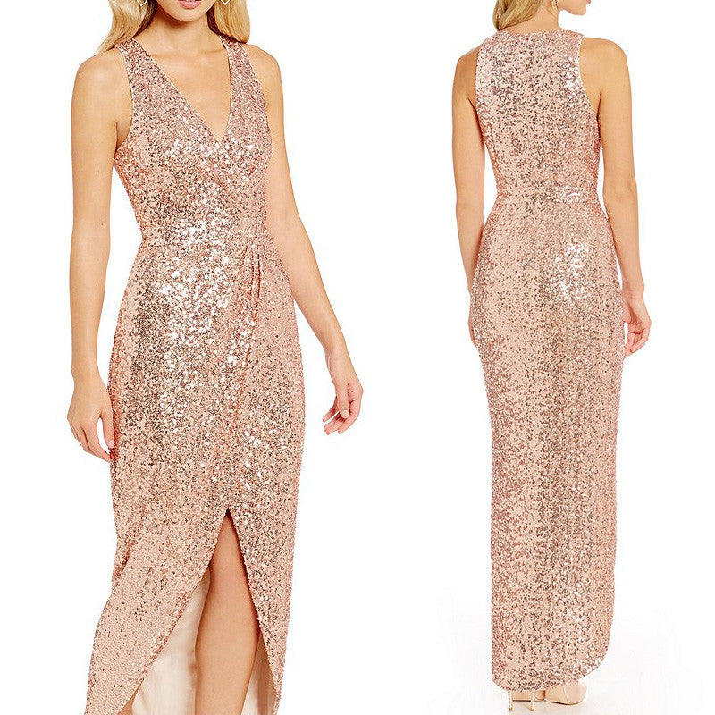 MACloth Straps V Neck Hi Lo Sequin Bridesmaid Dress Rose Gold Formal Gown