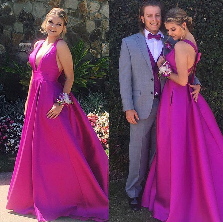 MACloth Deep V Neck Prom Dress Elegant Bow Back Formal Evening Gown