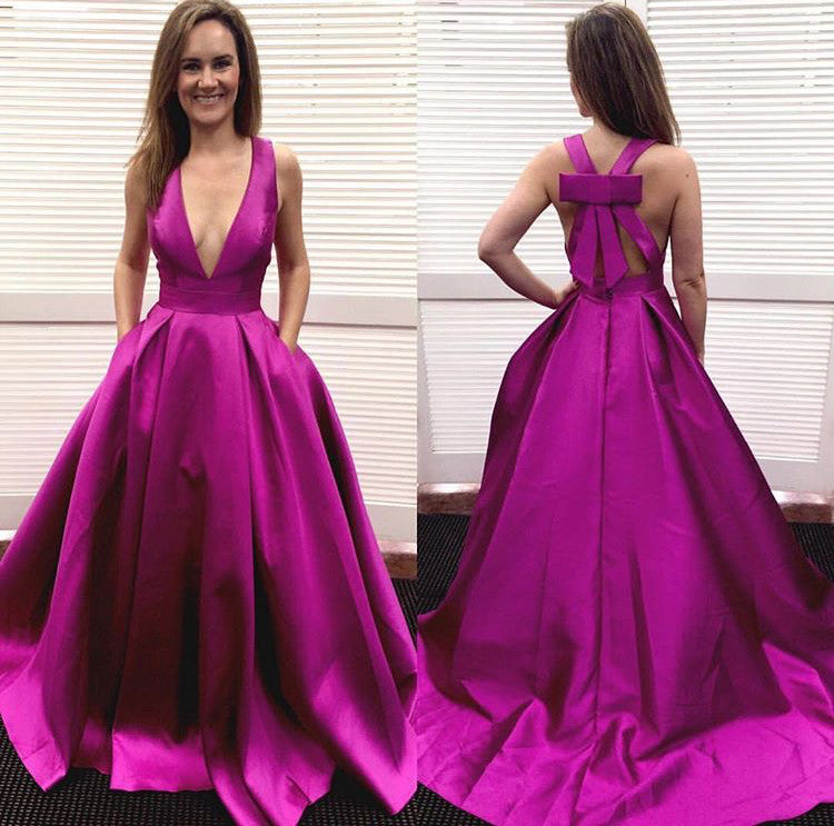 MACloth Deep V Neck Prom Dress Elegant Bow Back Formal Evening Gown