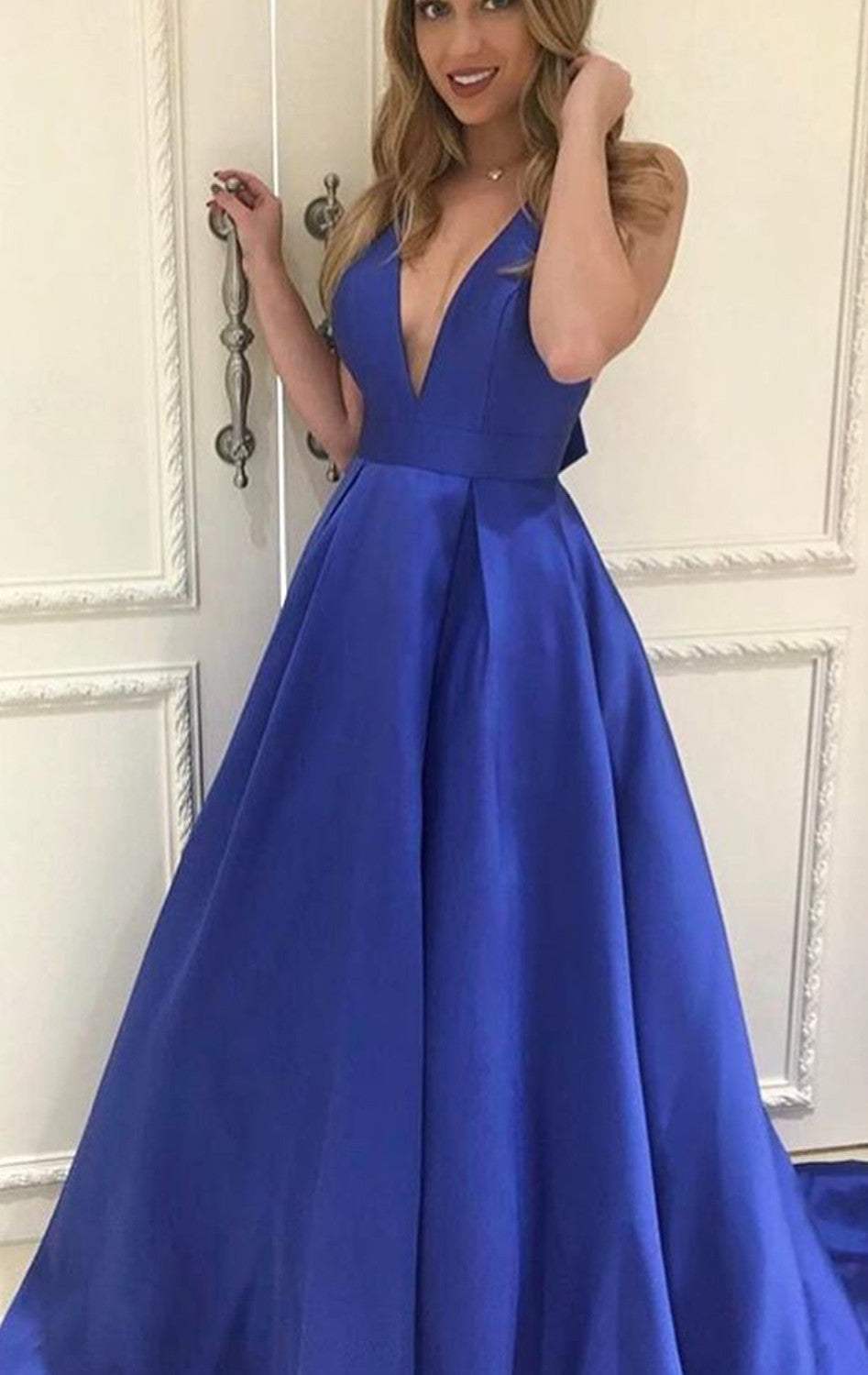 prom dress bow back Long Black Ball Gown with Oversized The satin is lightly shone and has technical accuracy in maintaining its shape to provide a smooth and balanced figure MACloth Deep V Neck Prom