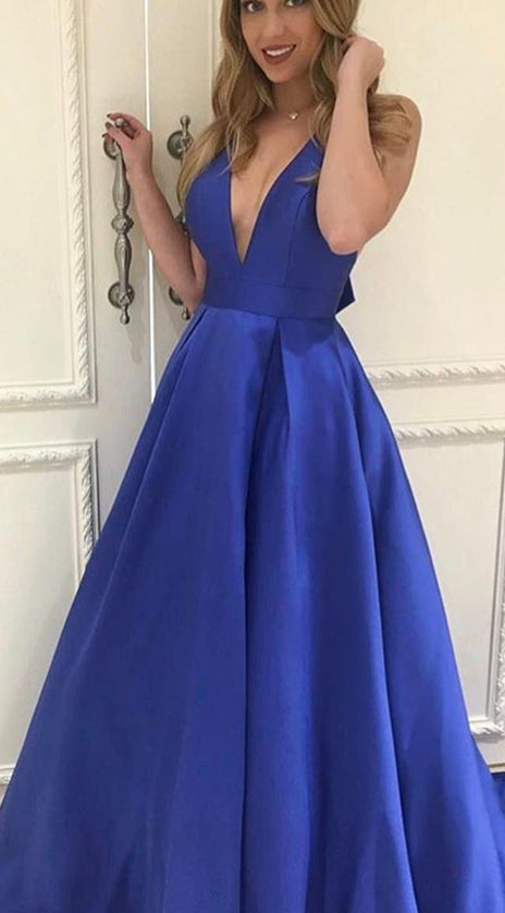 MACloth Deep V Neck Prom Dress Elegant Bow Back Formal Evening Gown