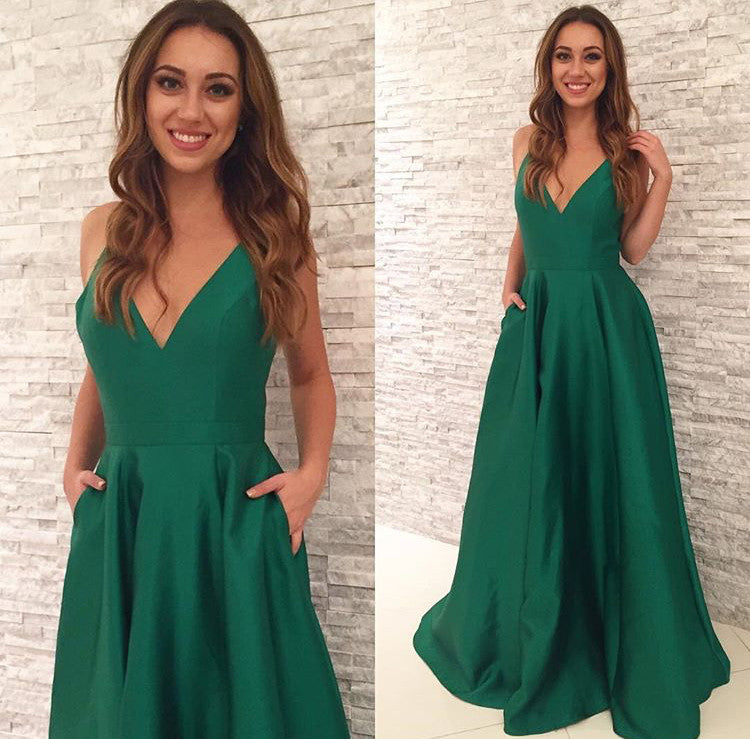 MACLoth Deep V Neck Satin Long Prom Dress Elegant Green Wedding Party Formal Gown