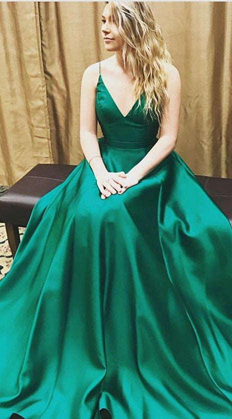 MACLoth Deep V Neck Satin Long Prom Dress Elegant Green Wedding Party Formal Gown