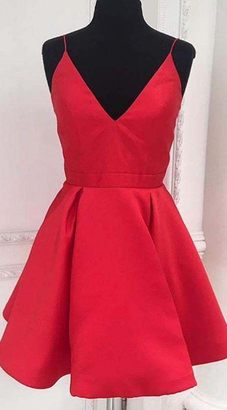 MACLoth Deep V Neck Mini Prom Homecoming Dress Red Cocktail Formal Gown