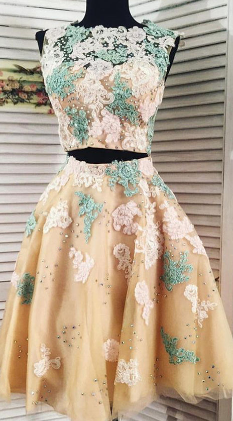 MACloth Two Piece Lace Tulle Prom Homecoming Dress Mini Cocktail Party Formal Gown