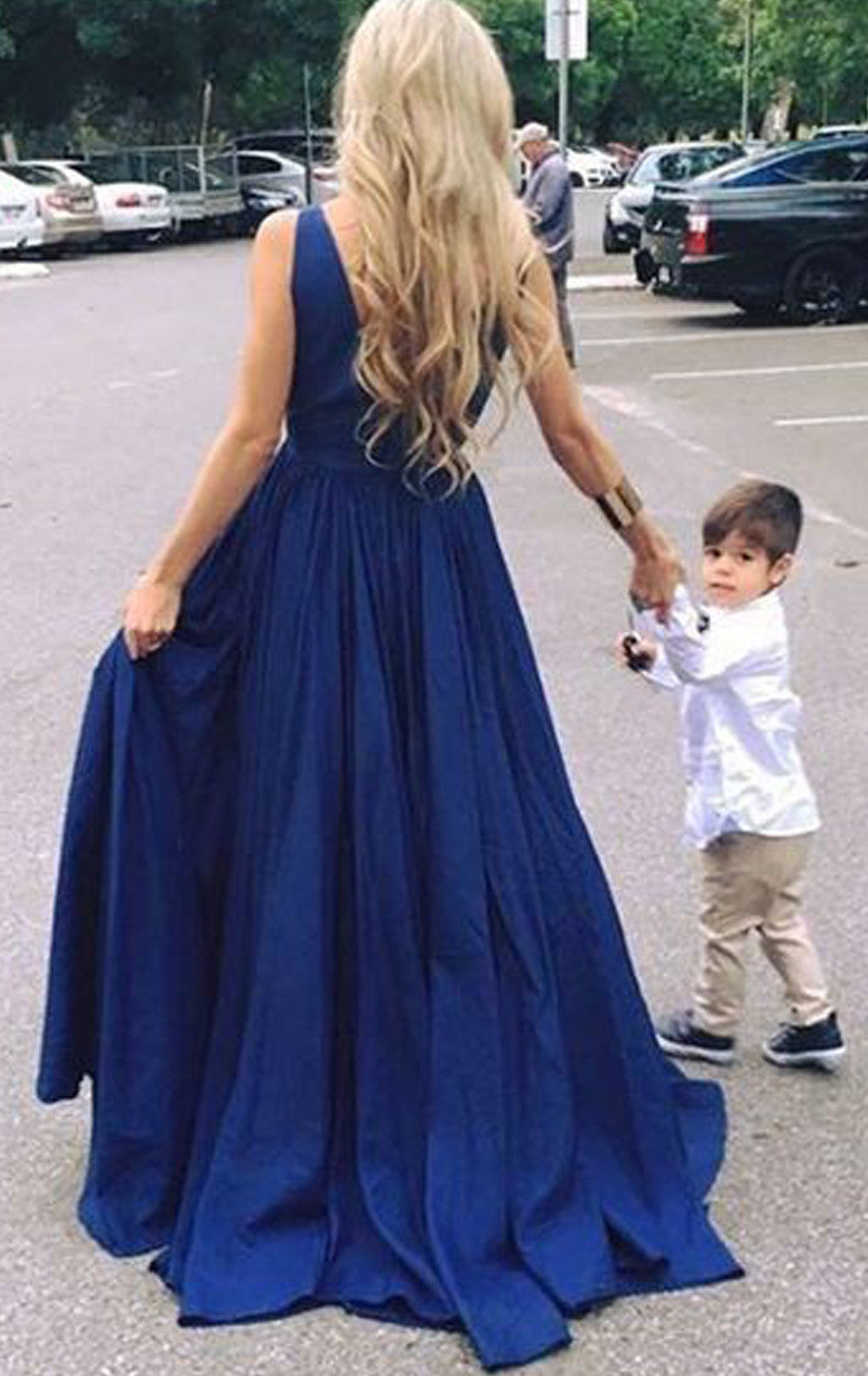 MACloth Deep V Neck Taffeta Prom Dress Dark Navy Formal Evening Gown