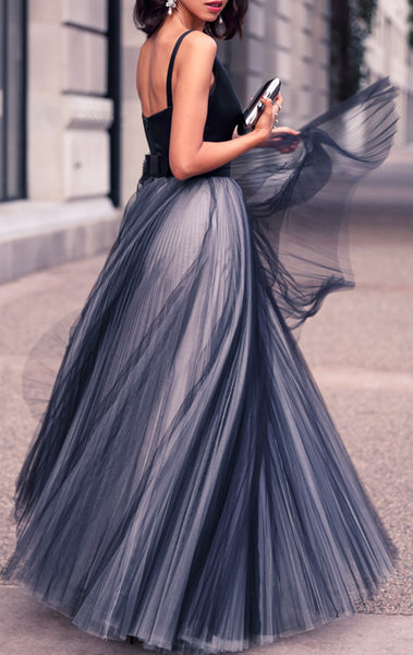 MACloth Straps V neck Dark Navy Prom Dress Ball Gown Tulle Wedding Party Formal Gown