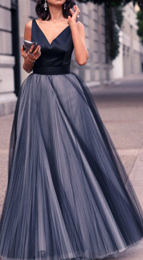 MACloth Straps V neck Dark Navy Prom Dress Ball Gown Tulle Wedding Party Formal Gown