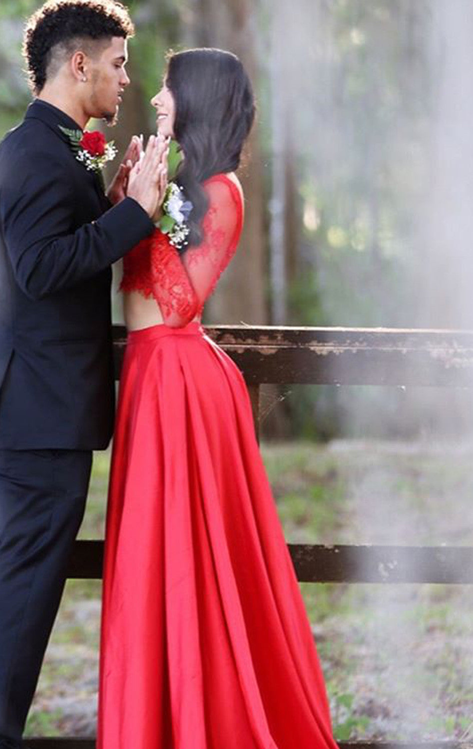 Macloth Two Piece Long Sleeves Lace Taffeta Prom Dress 2017 Red Formal Evening Gown Red / Above Knee / US12 Macloth Two Piece Long Sleeves Lace Taffeta Prom Dress 2017 Red Formal Evening Gown Red / Above Knee / US12