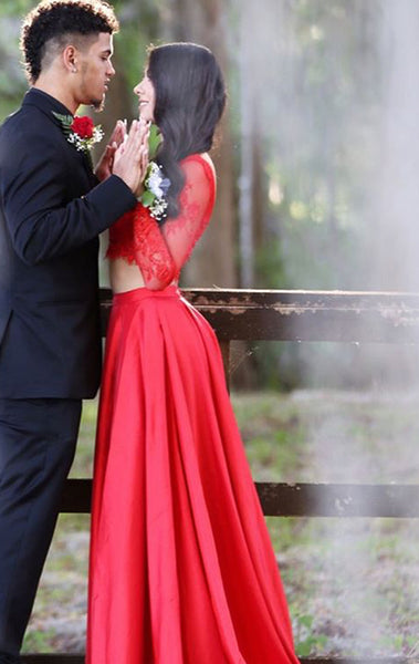 MACloth Two Piece Long Sleeves Lace Taffeta Prom Dress 2017 Red Formal Evening Gown