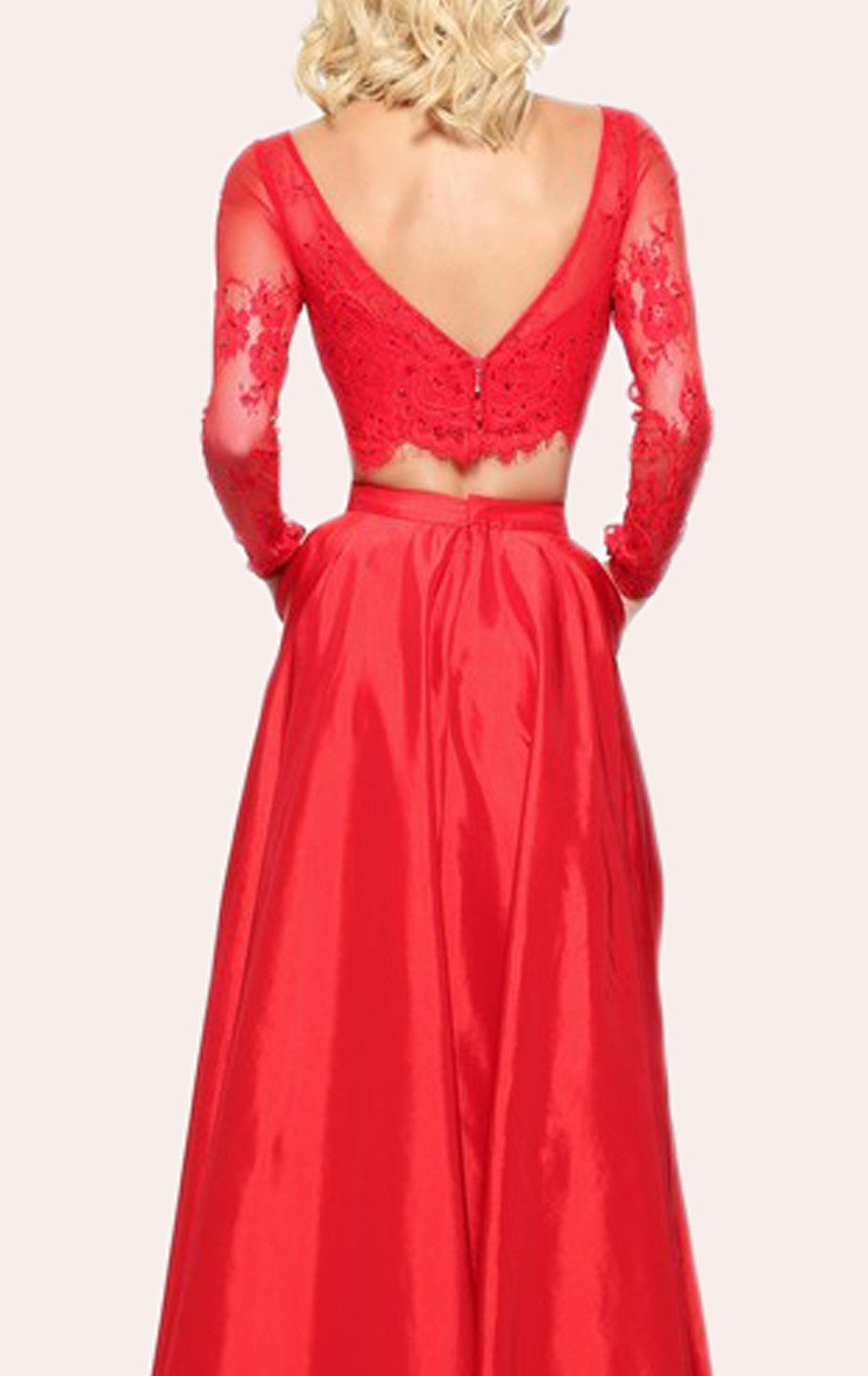 open lace back dress MACloth Two Piece Long Sleeves Lace Taffeta Prom Dress 2017 Red Formal