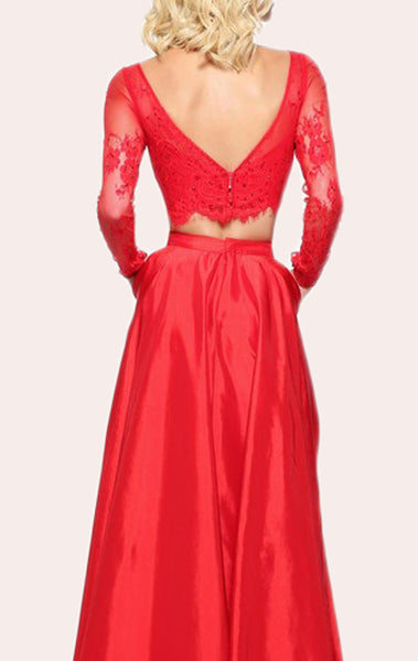 MACloth Two Piece Long Sleeves Lace Taffeta Prom Dress 2017 Red Formal Evening Gown