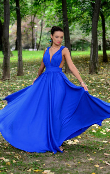 MACloth Deep V Neck Jersey Sexy Prom Dress Royal Blue Formal Evening Gown