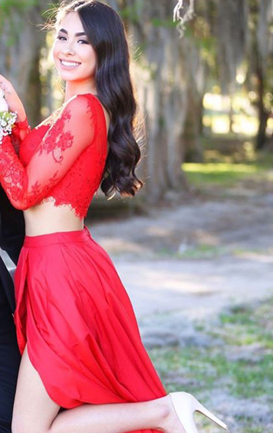 MACloth Two Piece Long Sleeves Lace Taffeta Prom Dress 2017 Red Formal Evening Gown Red / Above Knee / US12