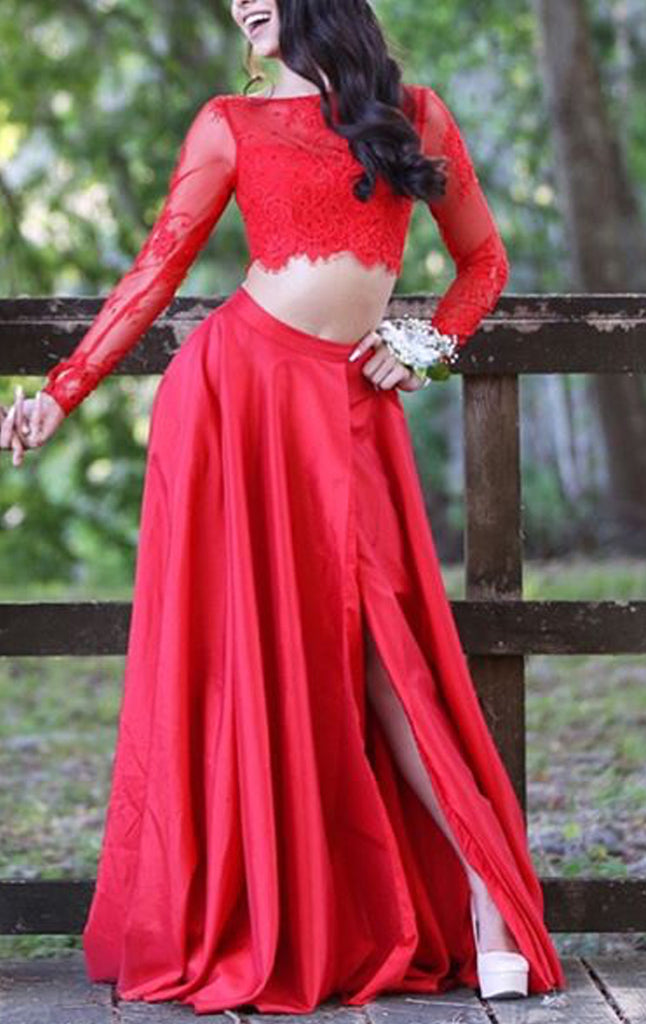 MACloth Two Piece Long Sleeves Lace Taffeta Prom Dress 2017 Red Formal Evening Gown