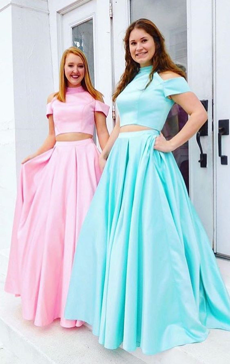 MACloth 2 Piece High Neck Satin Pink Prom Dress 2018 New Evening Formal Gown Pink / Above Knee / Custom Size MACloth 2 Piece High Neck Satin Pink Prom Dress 2018 New Evening Formal Gown Pink / Above Knee / Custom Size