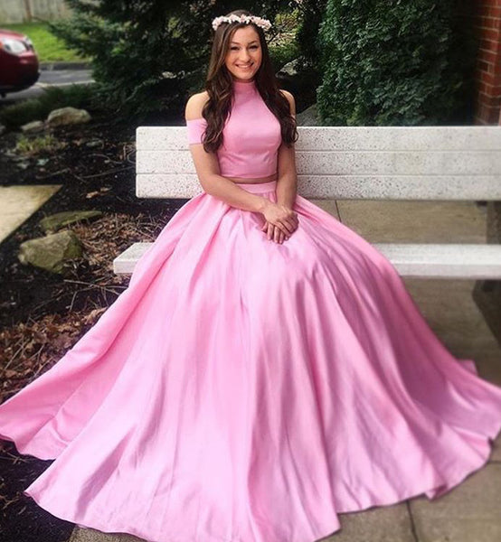 MACloth 2 Piece High Neck Satin Pink Prom Dress 2018 New Evening Formal Gown