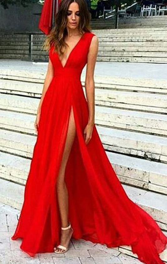 Vestido de fiesta largo de gasa con escote en V profundo de MACloth, vestido de noche formal sexy