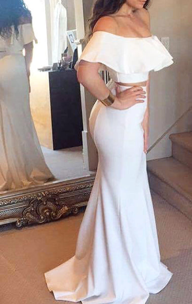 MACloth Mermaid Off Shoulder Two Piece Prom Dress Ivory Formal Evening Gown