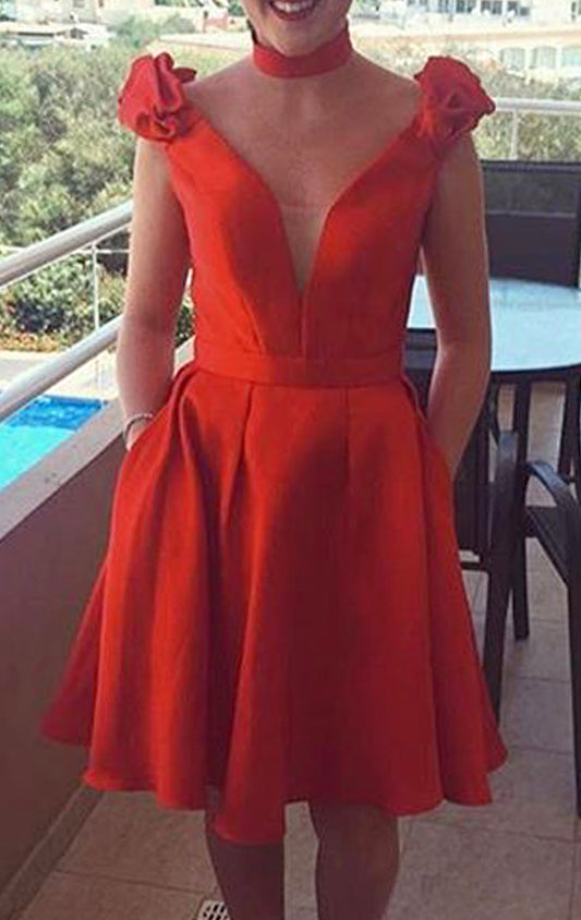 MACloth Deep V Neck Red Cocktail Dress Short Wedding Party Formal Gown