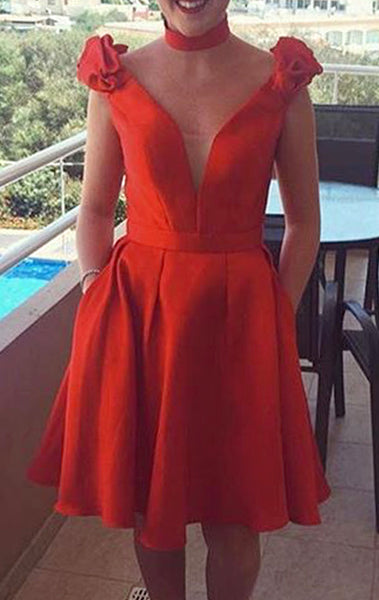 MACloth Deep V Neck Red Cocktail Dress Short Wedding Party Formal Gown