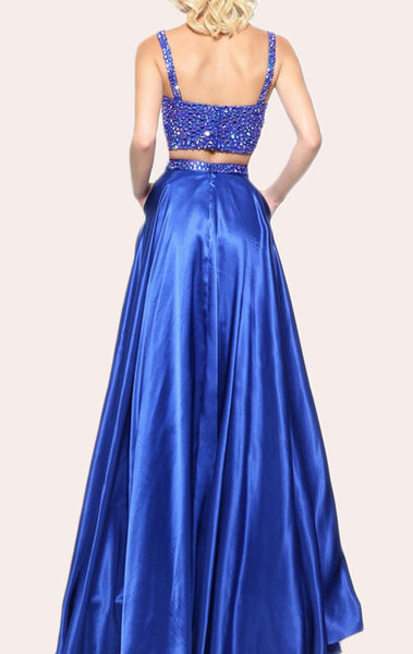 MACloth Two Piece Deep V Neck Crystals Long Prom Dress Sexy Formal Gown  10431