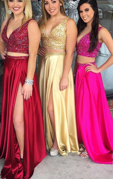 MACloth Two Piece Deep V Neck Crystals Long Prom Dress Sexy Formal Gown  10431