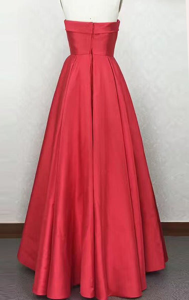 MACloth Strapless Satin Red Prom Dress Silver Wedding Party Formal Gown