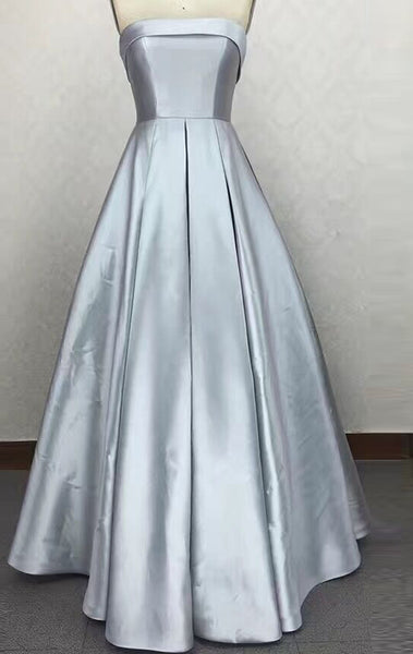 MACloth Strapless Satin Red Prom Dress Silver Wedding Party Formal Gown