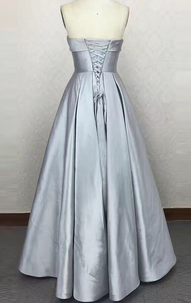 MACloth Strapless Satin Red Prom Dress Silver Wedding Party Formal Gown
