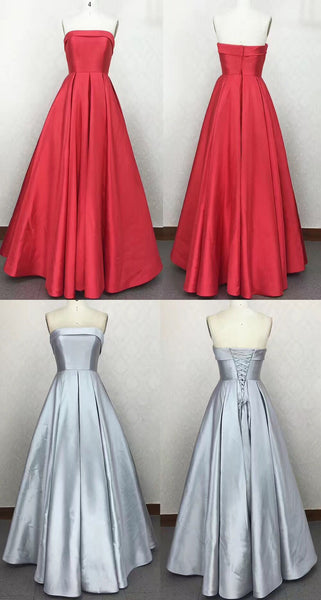 MACloth Strapless Satin Red Prom Dress Silver Wedding Party Formal Gown