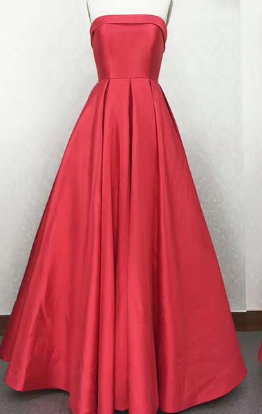 MACloth Strapless Satin Red Prom Dress Silver Wedding Party Formal Gown