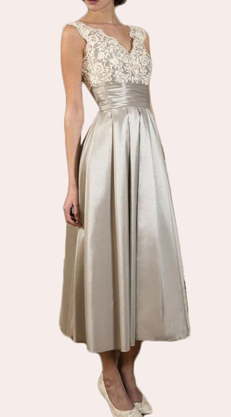 MACloth Straps V neck Lace Satin Midi Mother of the Brides Dress Ivory Formal Gown