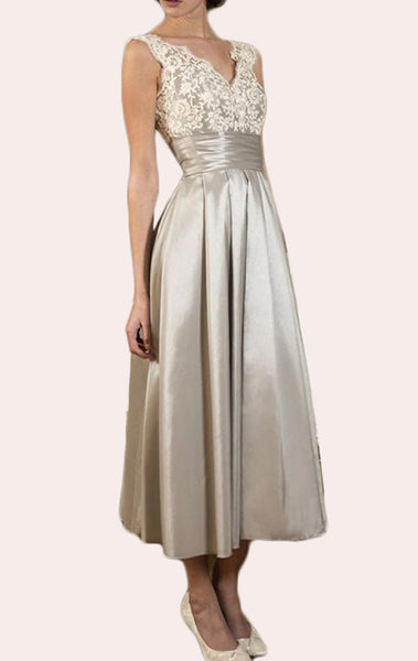 MACloth Straps V neck Lace Satin Midi Mother of the Brides Dress Ivory Formal Gown