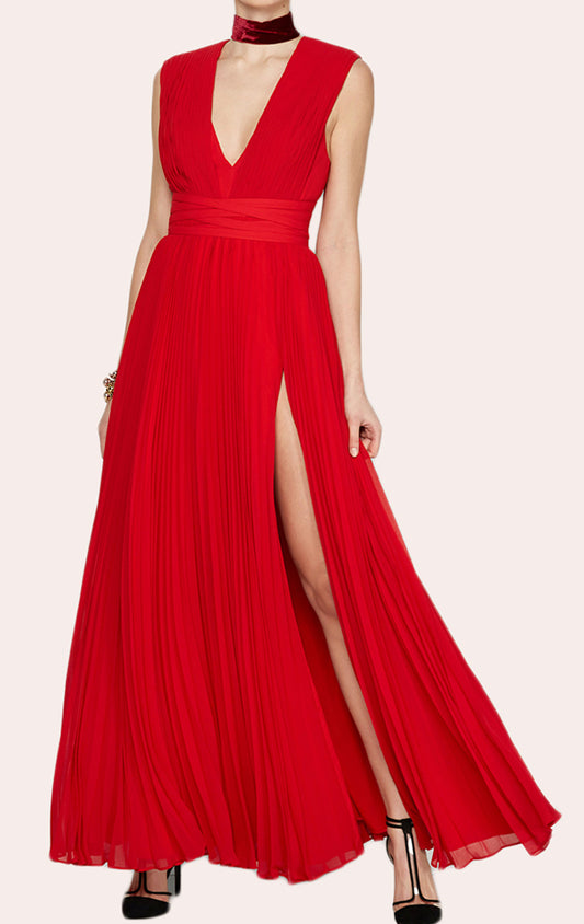 Vestido de fiesta de gasa rojo con escote en V profundo de MACloth, vestido de noche largo hasta el suelo
