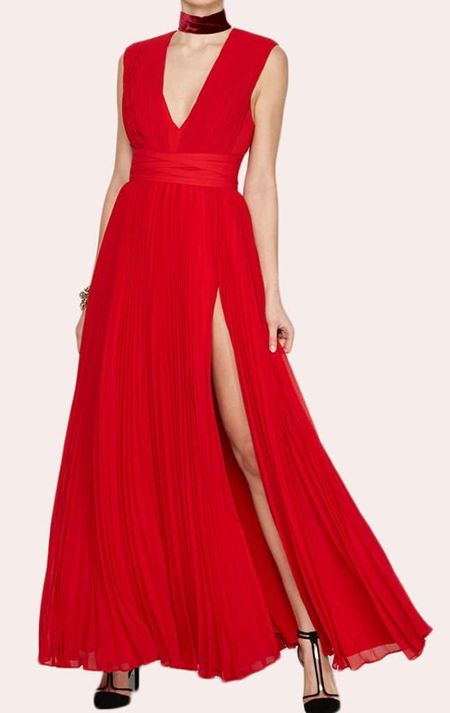 MACloth Deep V Neck Chiffon Red Prom Dress Floor Length Evening Gown