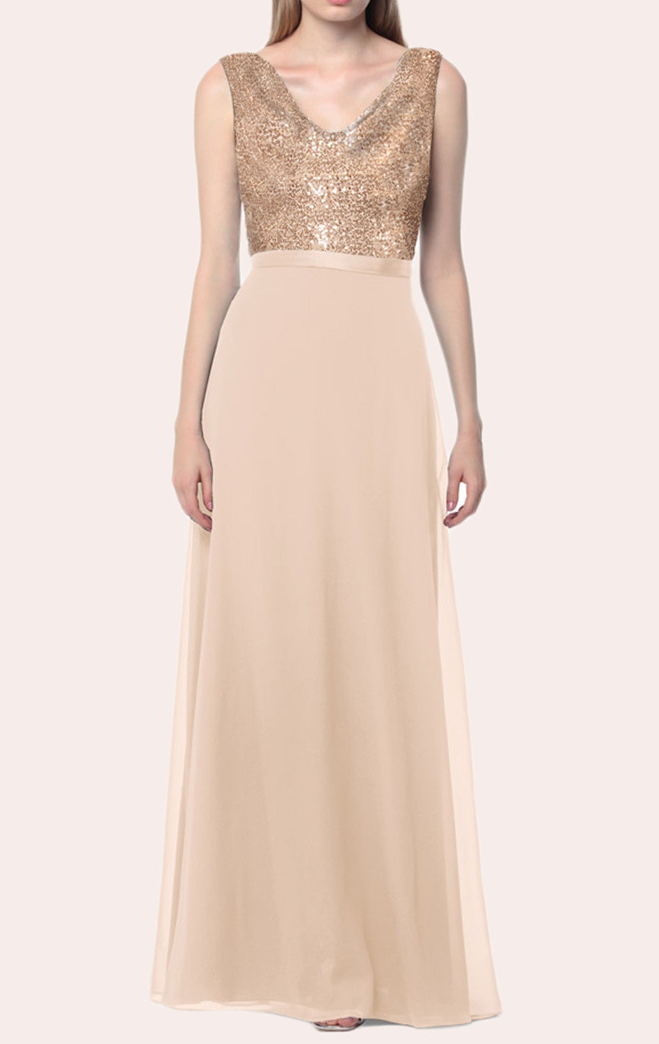 MACloth Cowl Neck Sequin Chiffon Long Bridesmaid Dress Black Formal Gown