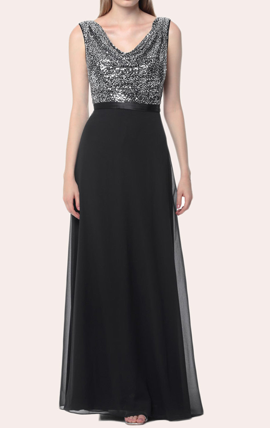 MACloth Cowl Neck Sequin Chiffon Long Bridesmaid Dress Black Formal Gown