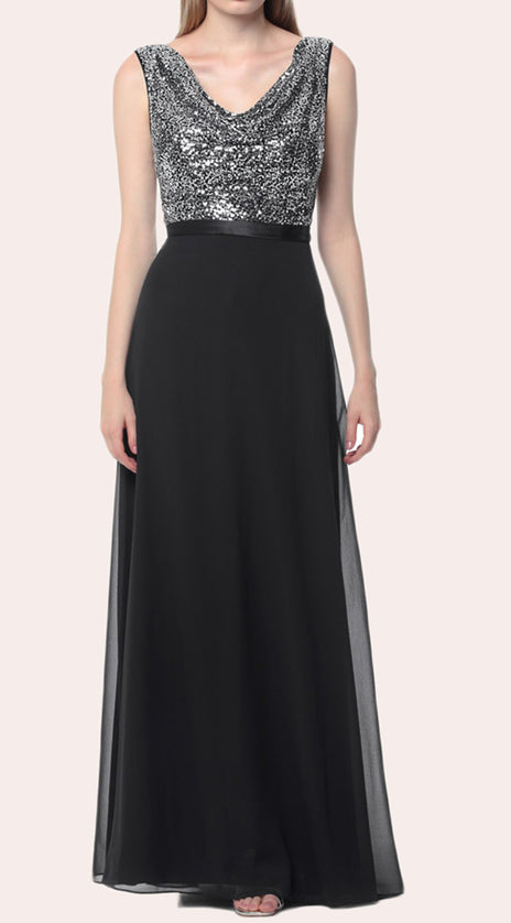 MACloth Cowl Neck Sequin Chiffon Long Bridesmaid Dress Black Formal Gown