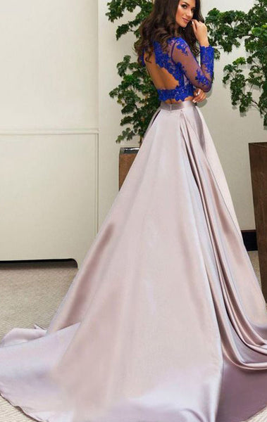 MACloth Long Sleeves Lace Satin Prom Dress Royal Blue Formal Evening Gown