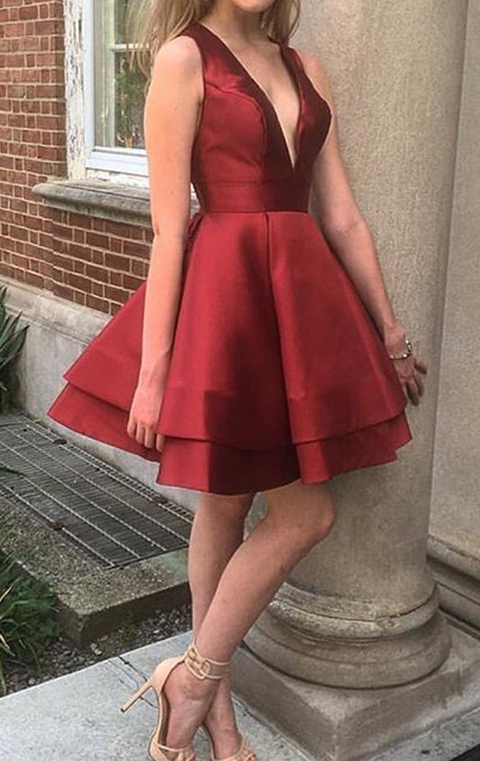 MACloth Deep V Neck Mini Prom Dress Burgundy Homecoming Formal Gown