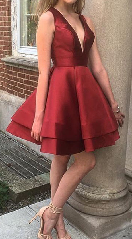 MACloth Deep V Neck Mini Prom Dress Burgundy Homecoming Formal Gown